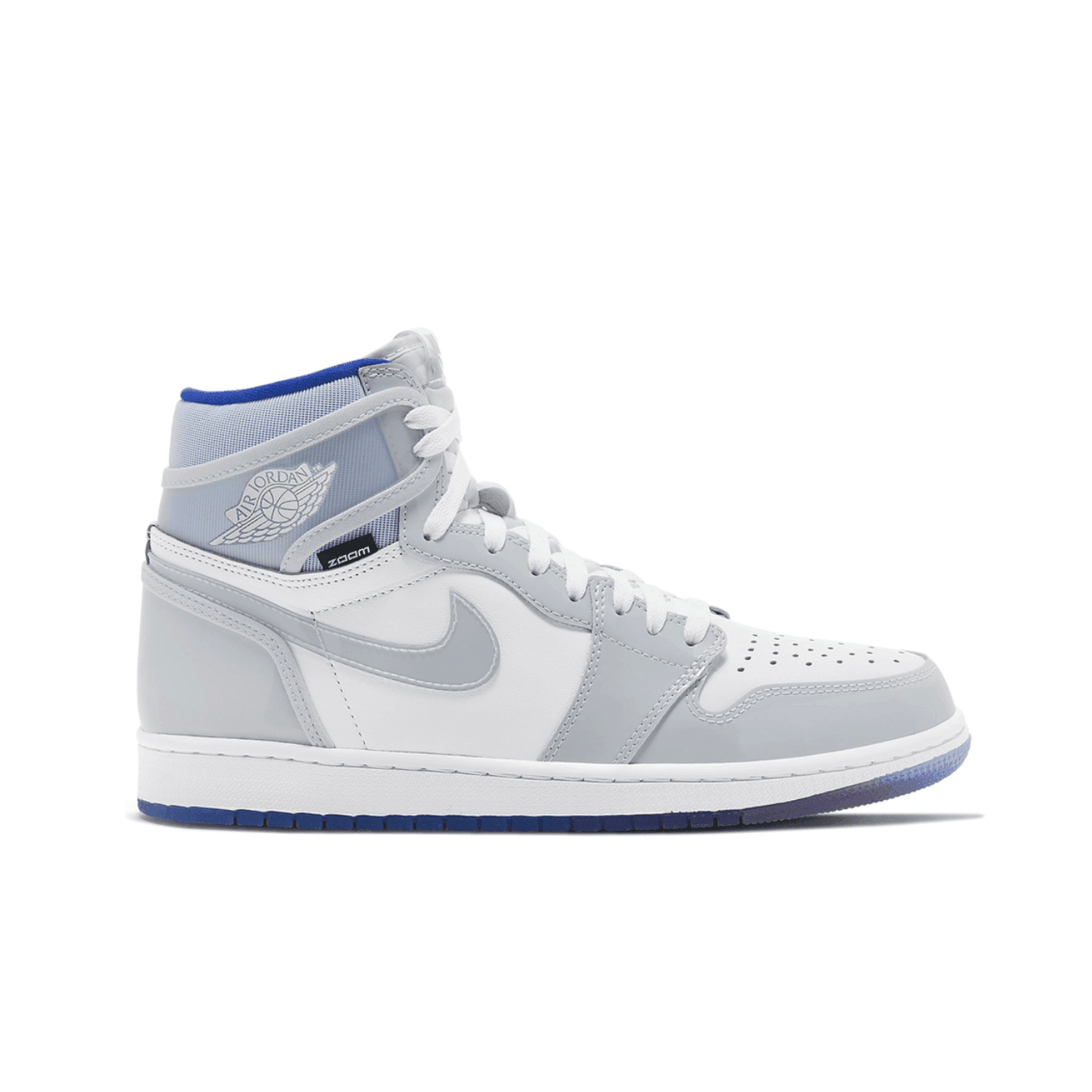 Air Jordan 1 Retro High Zoom in white and racer blue with translucent accents and Jordan Wings logo.