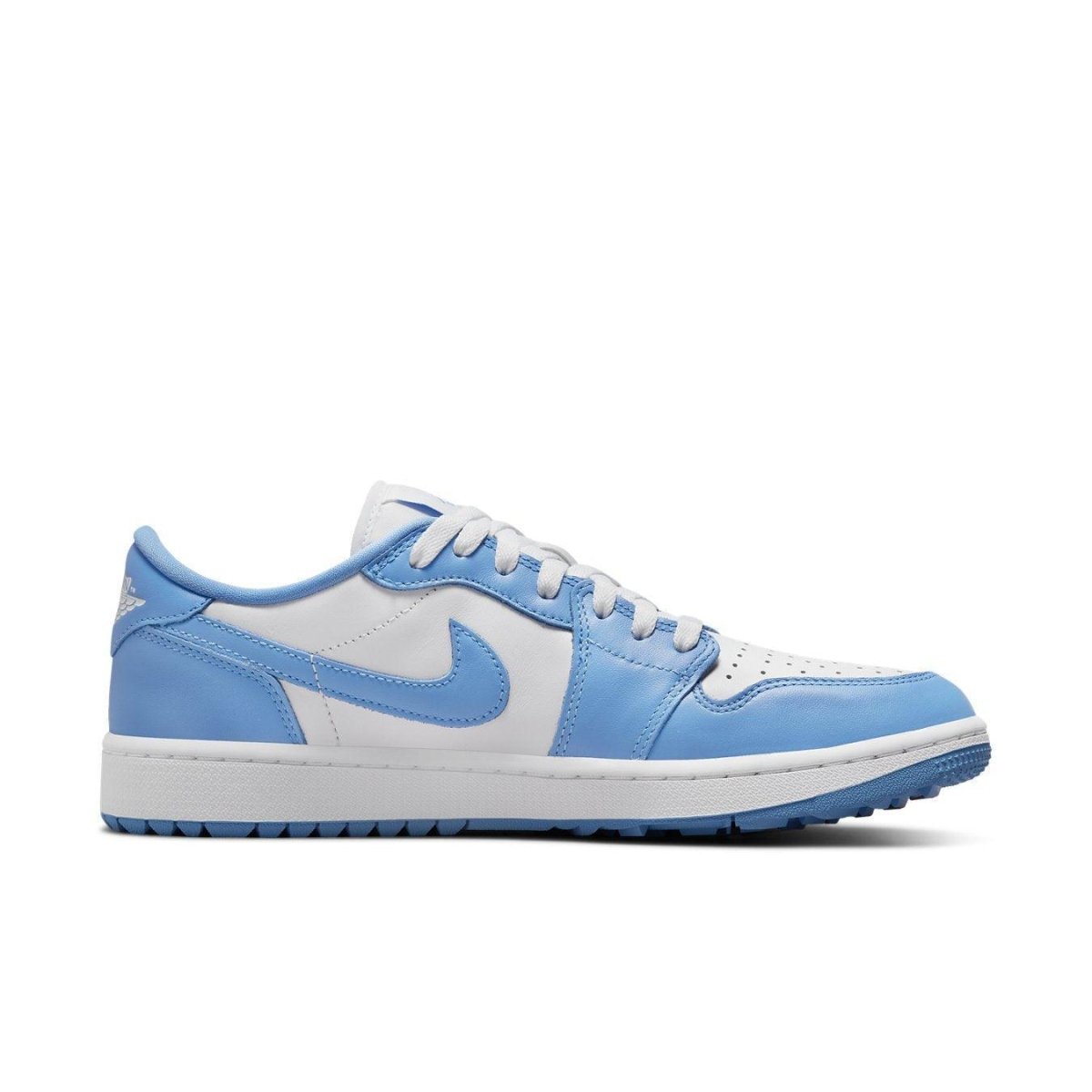 Air Jordan 1 Retro Low Golf UNC in University Blue and white leather, featuring signature Jumpman and Wings branding.