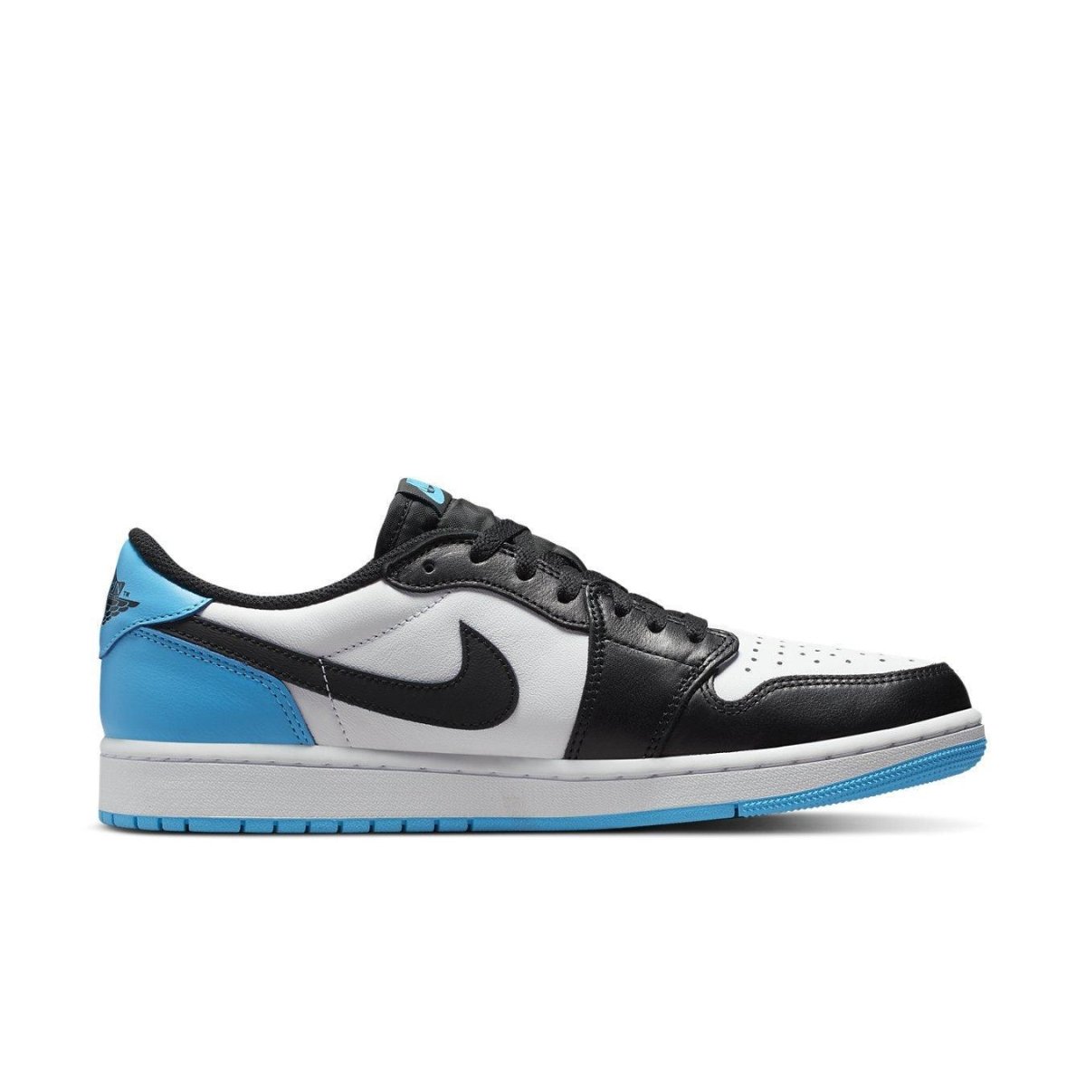 Air Jordan 1 Retro Low OG Black Dark Powder Blue sneaker with white and black leather upper and vibrant blue accents.
