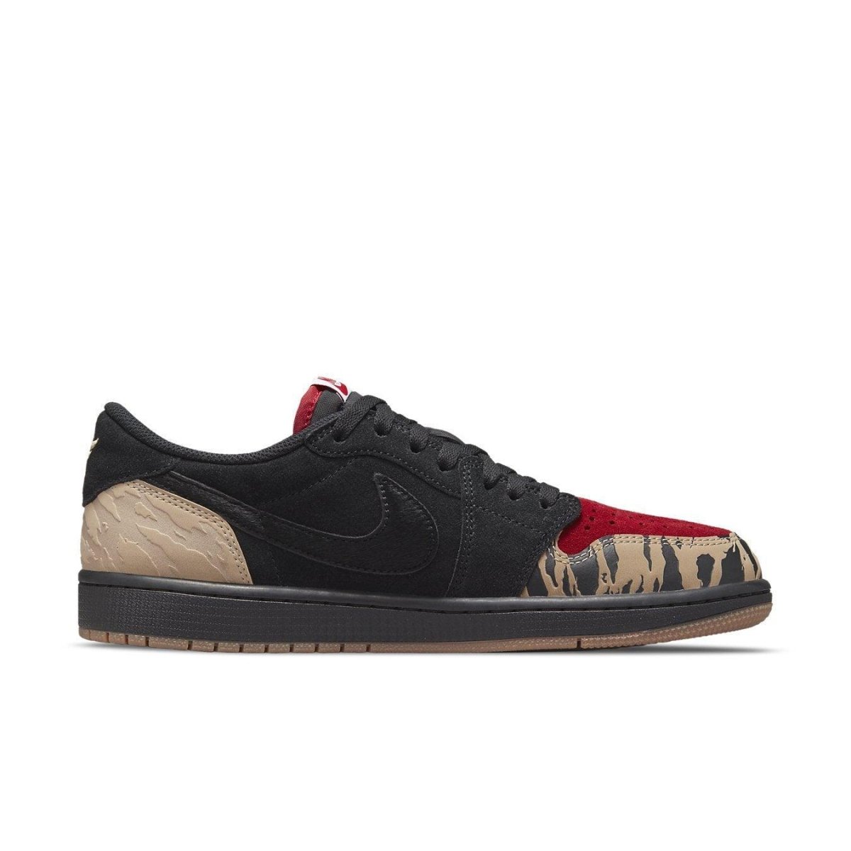 Jordan 1 Retro Low OG SP SoleFly sneakers featuring animal print, black, red, and tan colorway.
