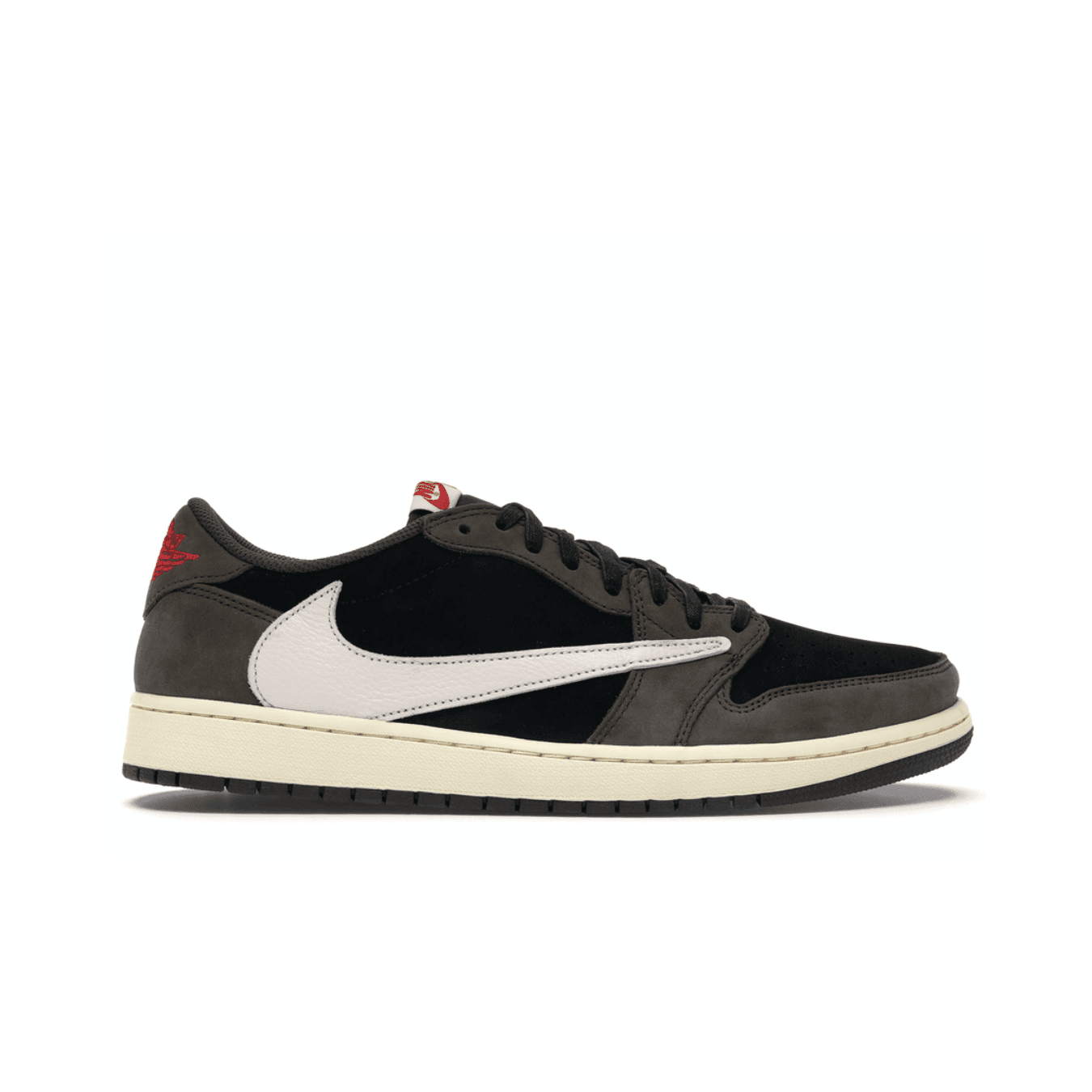 Air Jordan 1 Retro Low OG SP Travis Scott Mocha sneaker featuring black and grey colorway and Cactus Jack branding.