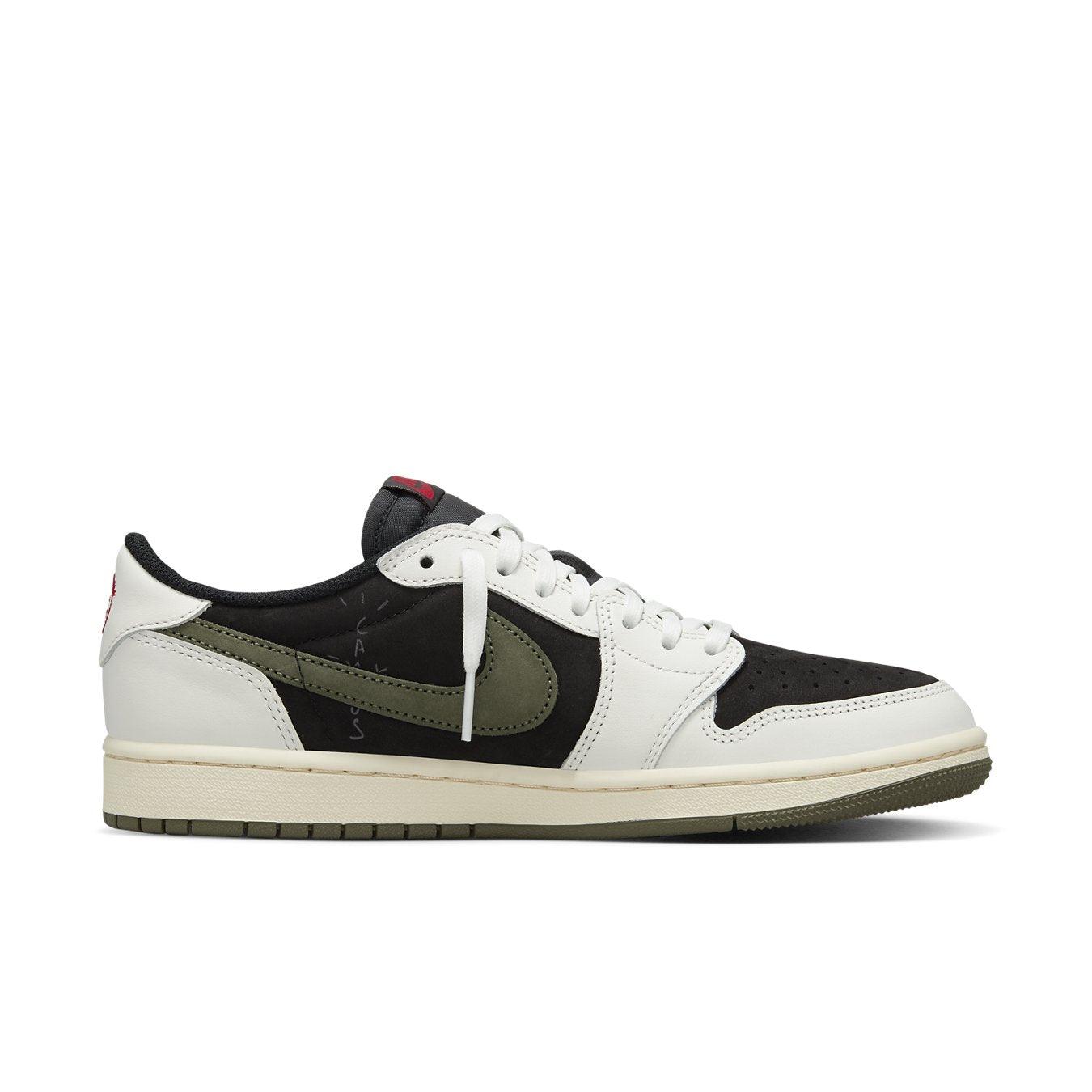 Jordan 1 Retro Low OG SP Travis Scott Olive sneakers for women featuring black, white, and olive green suede and leather.