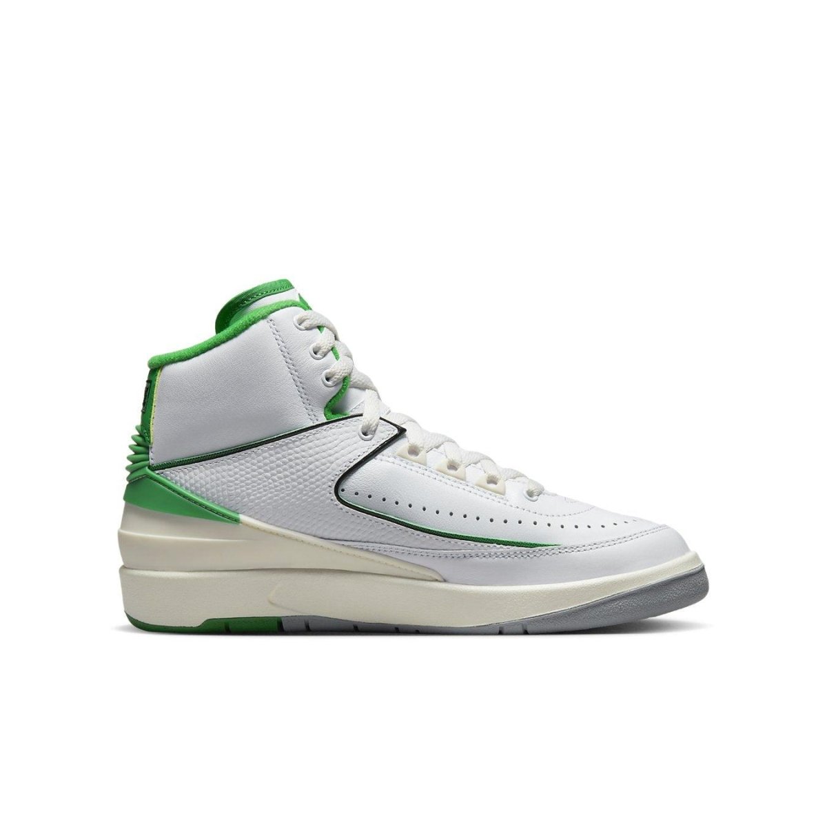 Air Jordan 2 Retro Lucky Green GS sneaker with white and green colorway, inspired by Boston Celtics.
