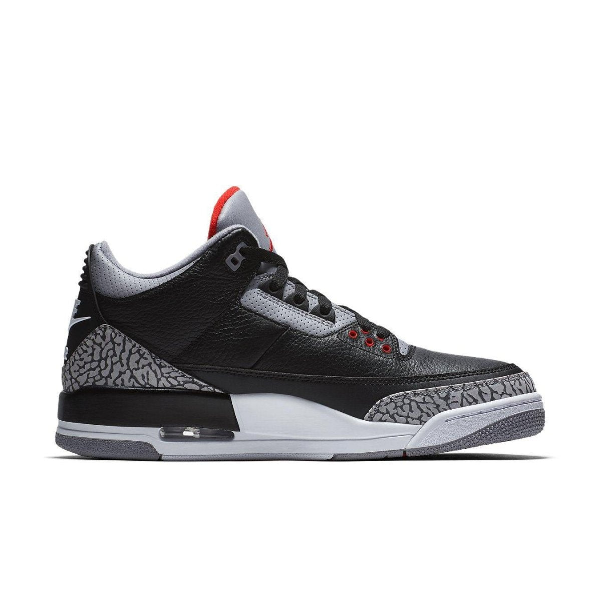Air Jordan 3 Retro Black Cement (2018) side view showcasing iconic elephant print and 'Jumpman' logo.