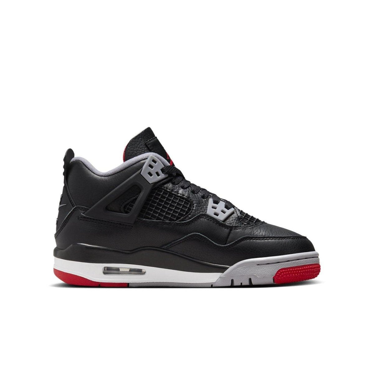 Air Jordan 4 Retro Bred Reimagined GS in black, red, and gray, featuring vintage leather details and iconic branding.