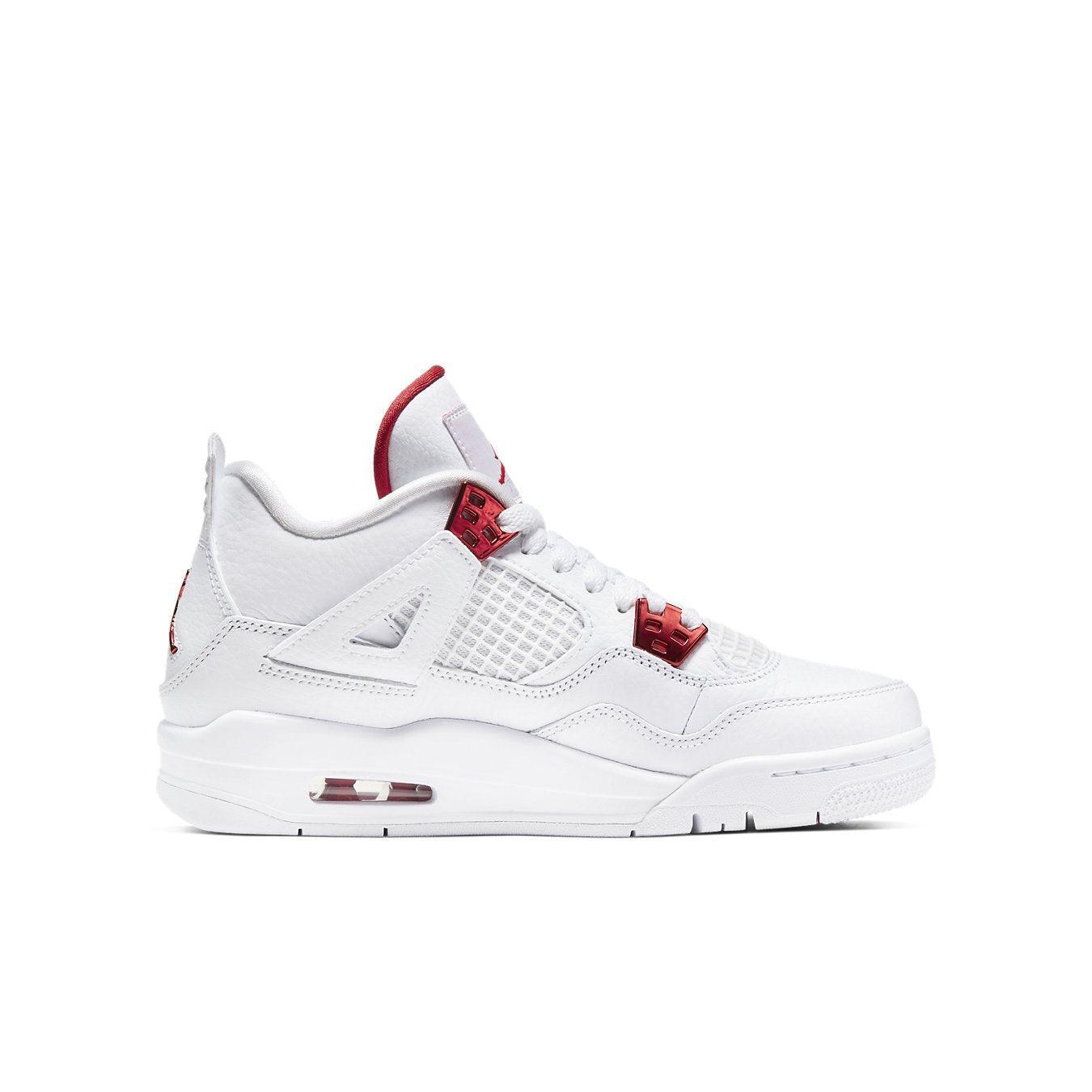 Air Jordan 4 Retro Metallic Red (GS) in white and red colorway, featuring mesh panels and classic design.