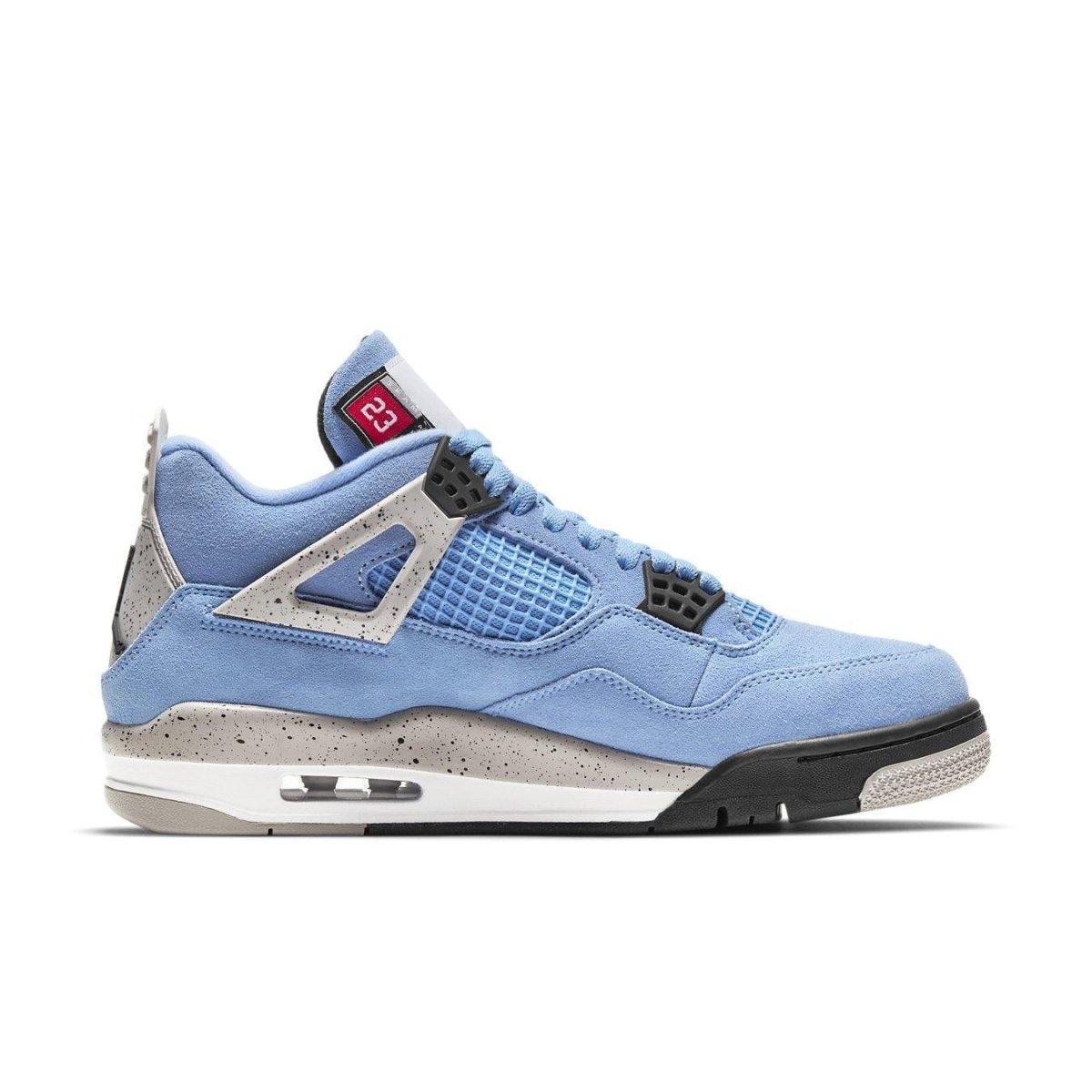 Air Jordan 4 Retro University Blue sneaker featuring suede upper and OG mesh detailing.