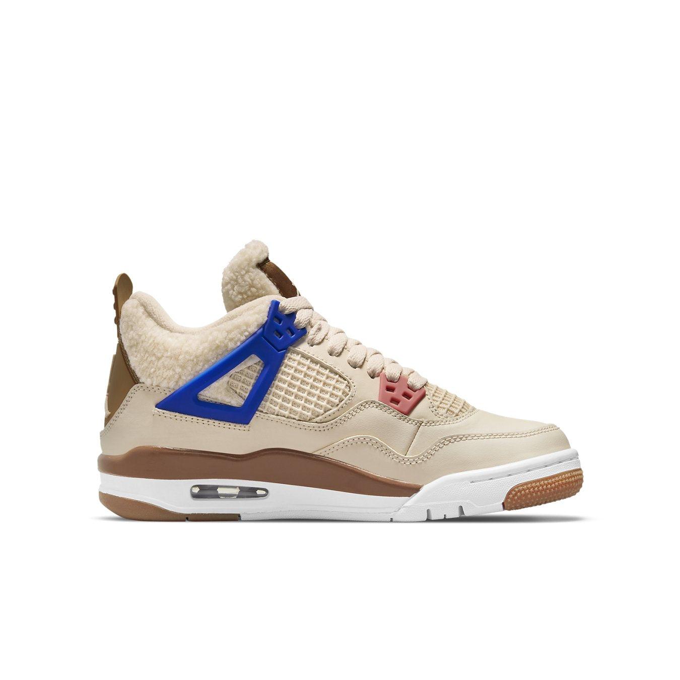 Air Jordan 4 Retro 'Where the Wild Things Are' in light brown and neon accents for kids, featuring cozy construction.
