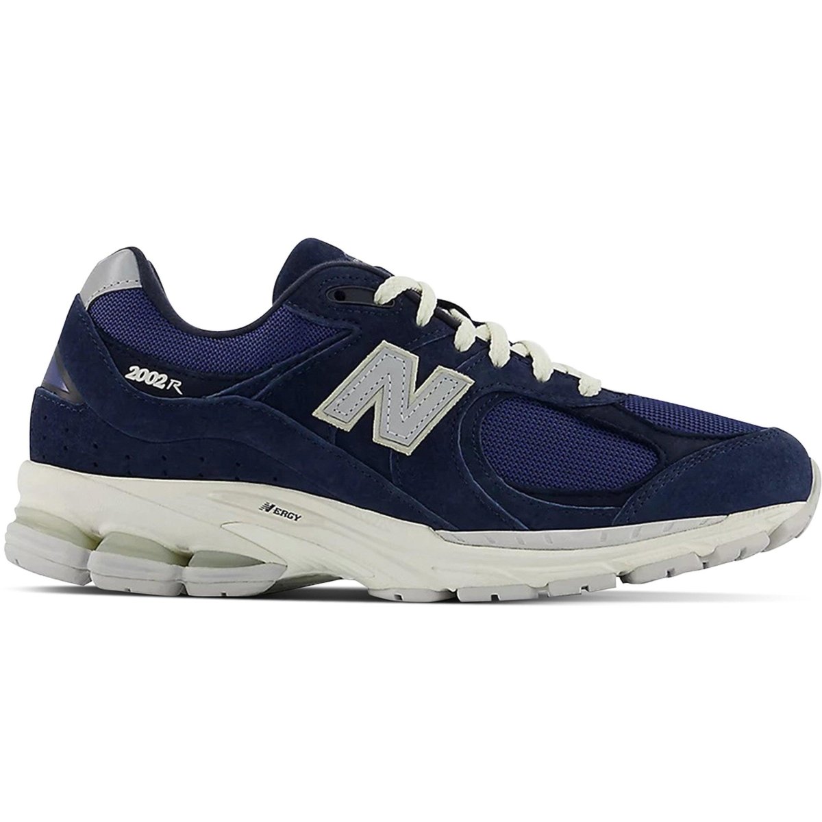 New Balance 2002R Navy Grey sneaker featuring premium suede upper and breathable mesh panels for comfort.