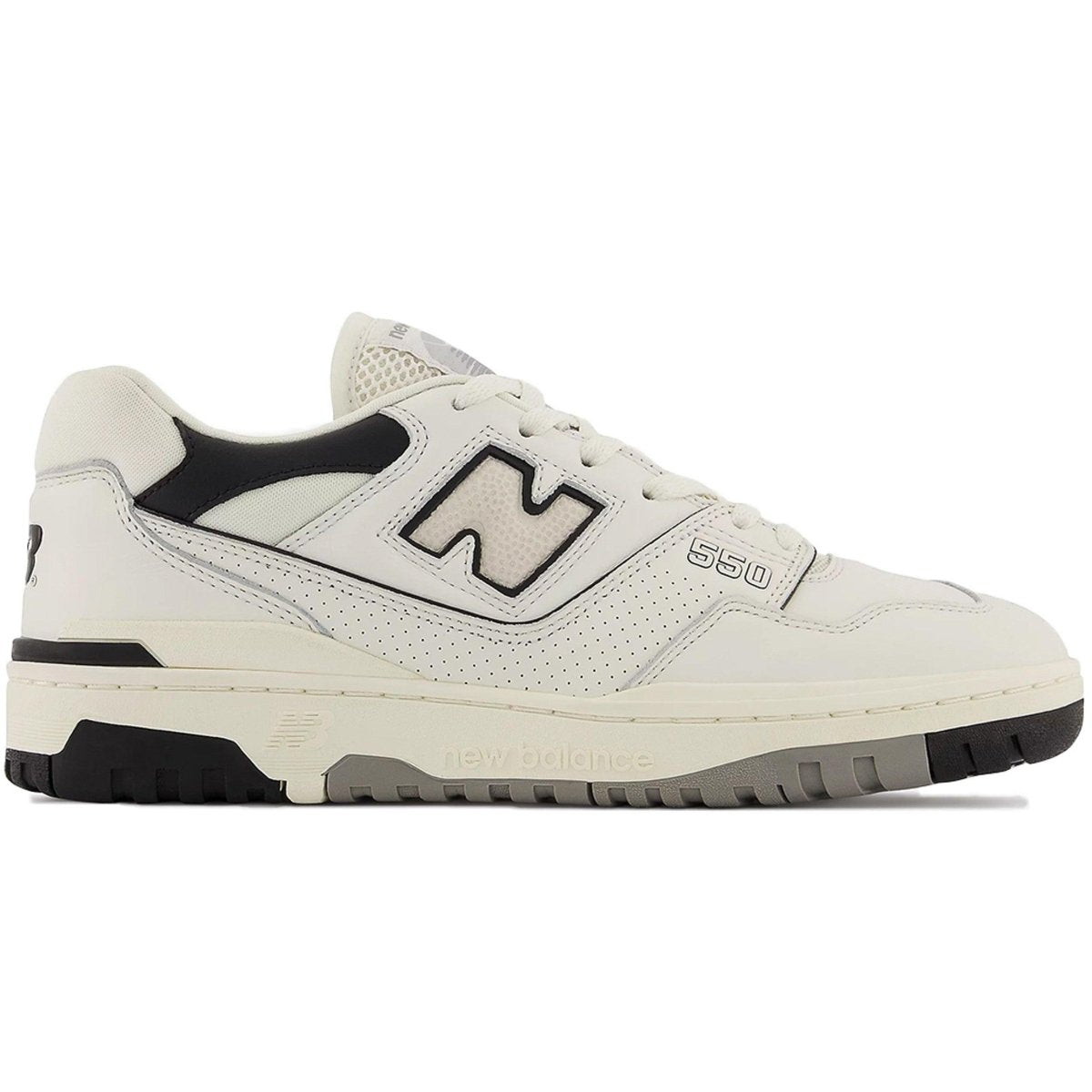 New Balance 550 Cream Black sneakers, a modern take on a classic basketball design from the '80s and '90s.