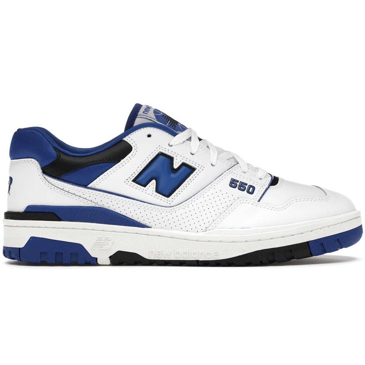 New Balance 550 White Blue sneaker featuring smooth leather and perforated sections for ventilation.