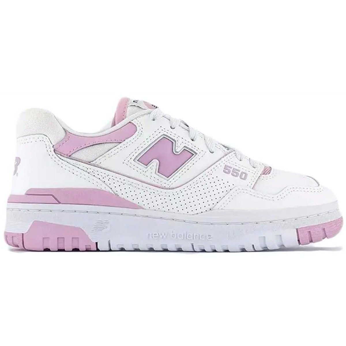 New Balance 550 sneakers in white and bubblegum pink for women, featuring a sporty design and comfortable fit.