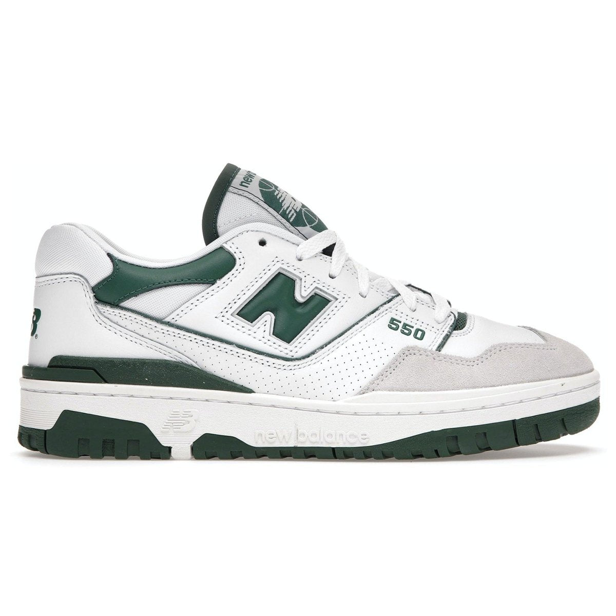 New Balance 550 sneakers in white and green, featuring leather upper, cushioned midsole, and durable rubber outsole.