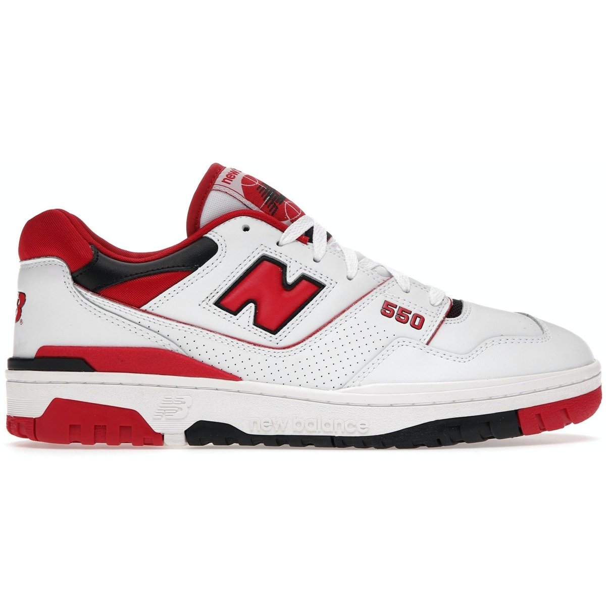 New Balance 550 sneakers in white and red, featuring retro basketball design and branding.