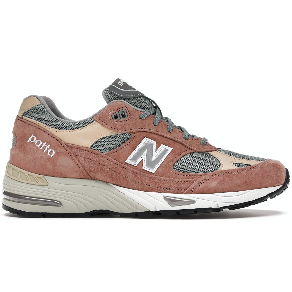 New Balance 991 Patta sneaker in Cork and Light Petrol with Peach and Grey accents, featuring a premium quality suede upper.