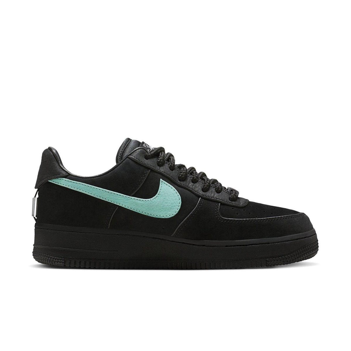 Nike Air Force 1 Low SP Tiffany & Co. sneaker in black with teal swoosh.