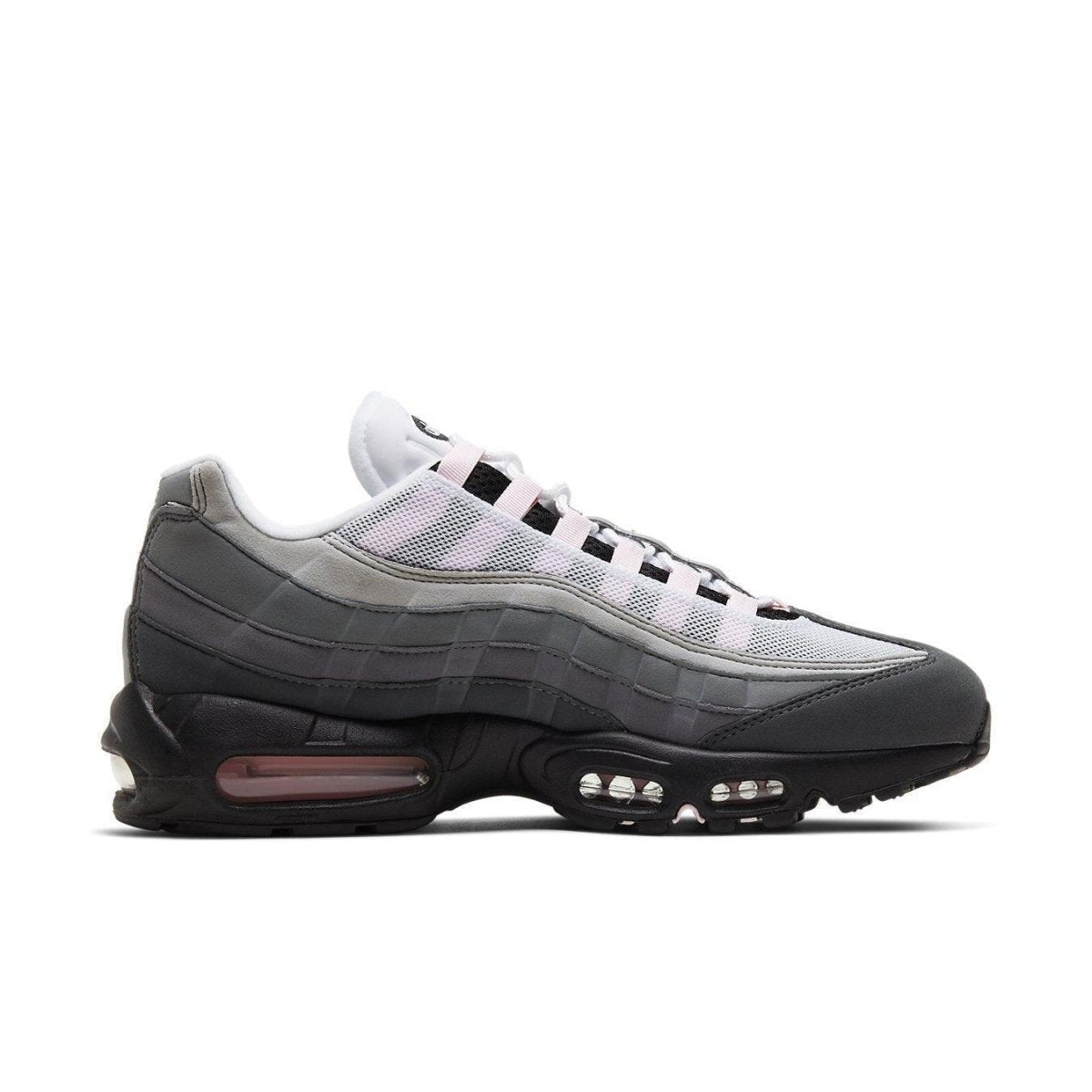 Nike Air Max 95 Pink Foam sneaker featuring grey and pink accents, classic mesh and suede design.