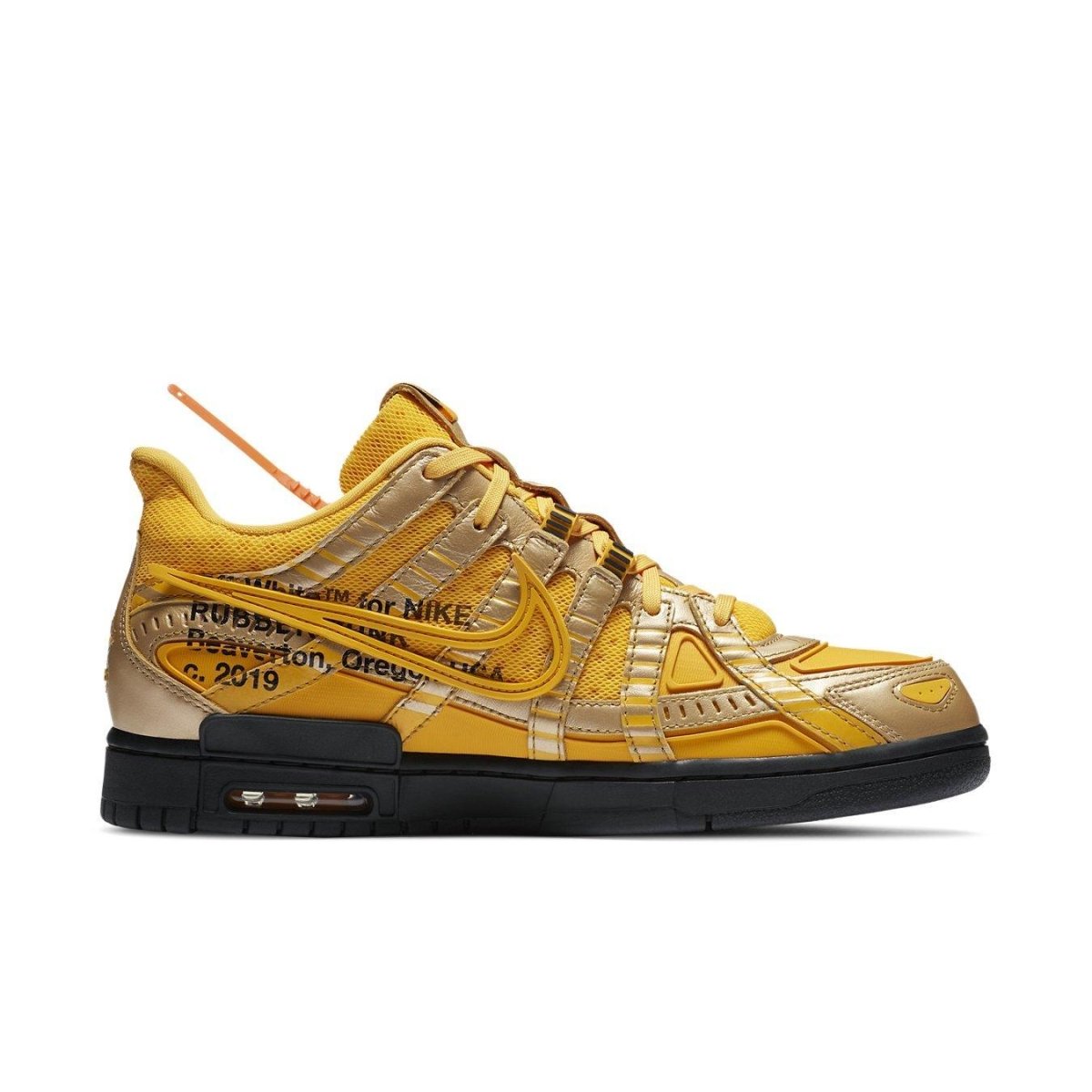 Nike Air Rubber Dunk Off-White University Gold sneaker in vibrant yellow and gold hues, side view.