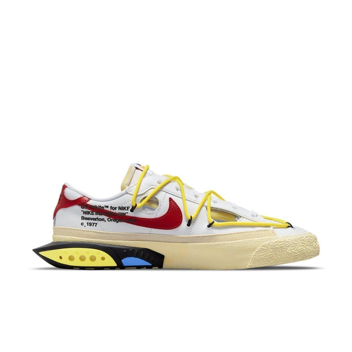 Nike Blazer Low Off-White University Red featuring white leather, red Swoosh, and yellow laces.