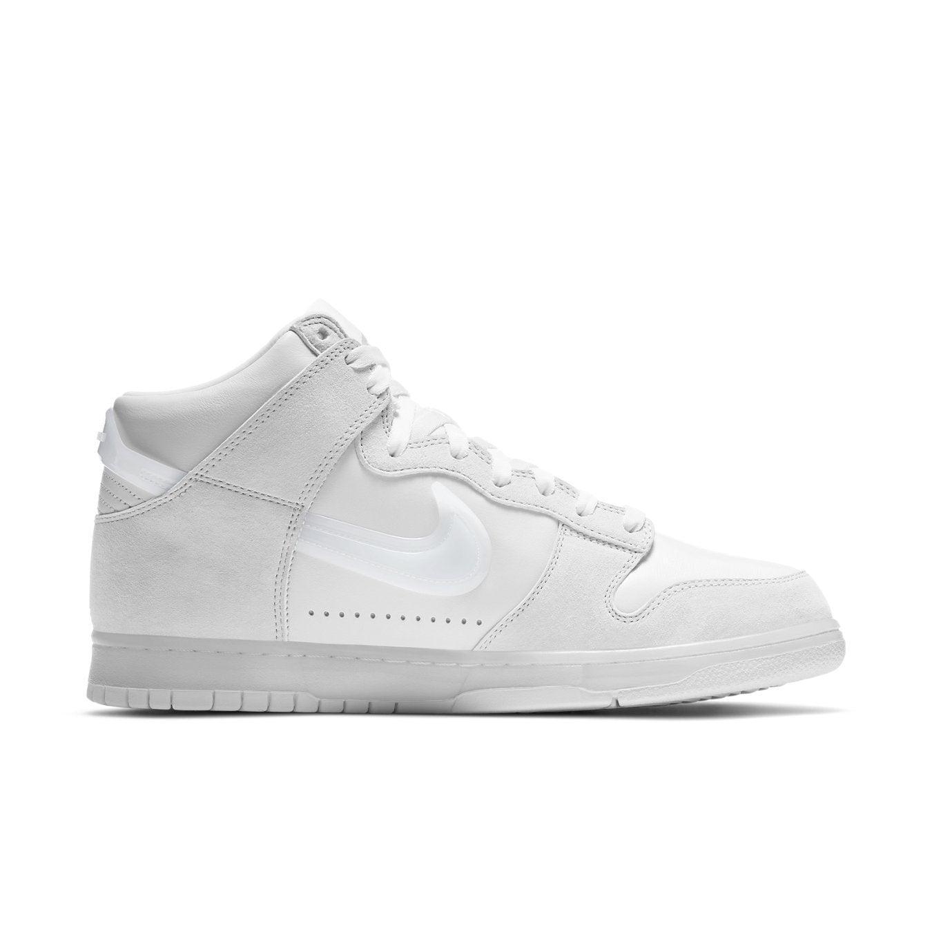 Nike Dunk High Slam Jam sneakers in white and pure platinum side profile view.