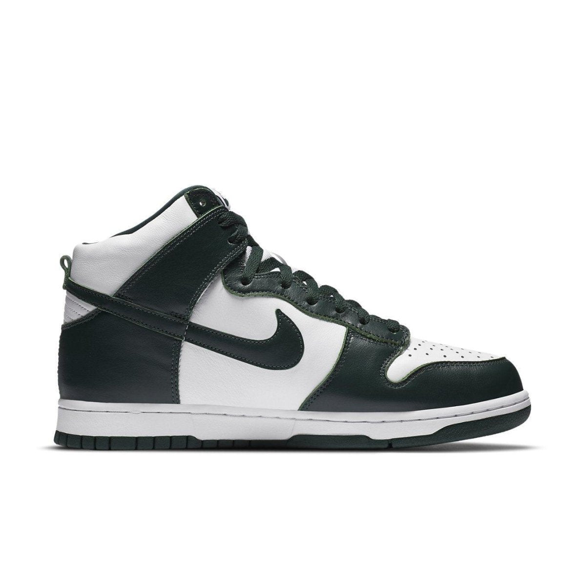 Nike Dunk High Spartan Green sneakers featuring a two-tone green and white leather upper.