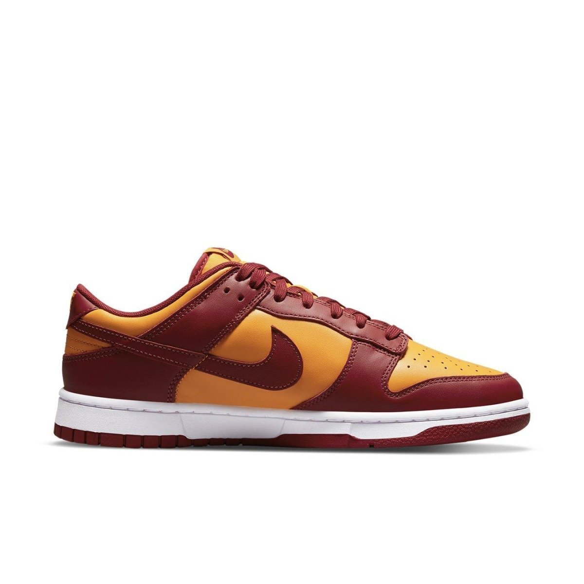 Nike Dunk Low Midas Gold sneaker in gold and red leather with white midsole and gum sole.