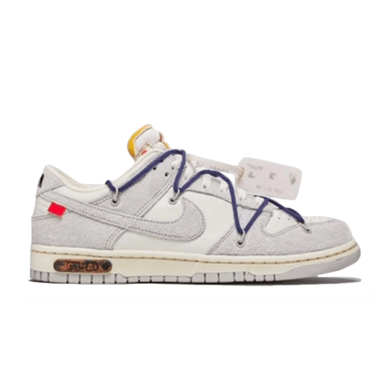 Nike Dunk Low Off-White Lot 18 with gray upper, unique lacing system, and Virgil Abloh details.