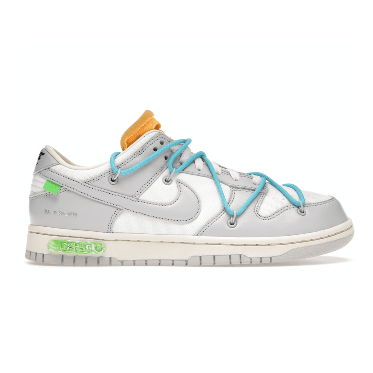 Nike Dunk Low Off-White Lot 2 with grey, white, and colorful accents, showcasing unique design elements by Virgil Abloh.