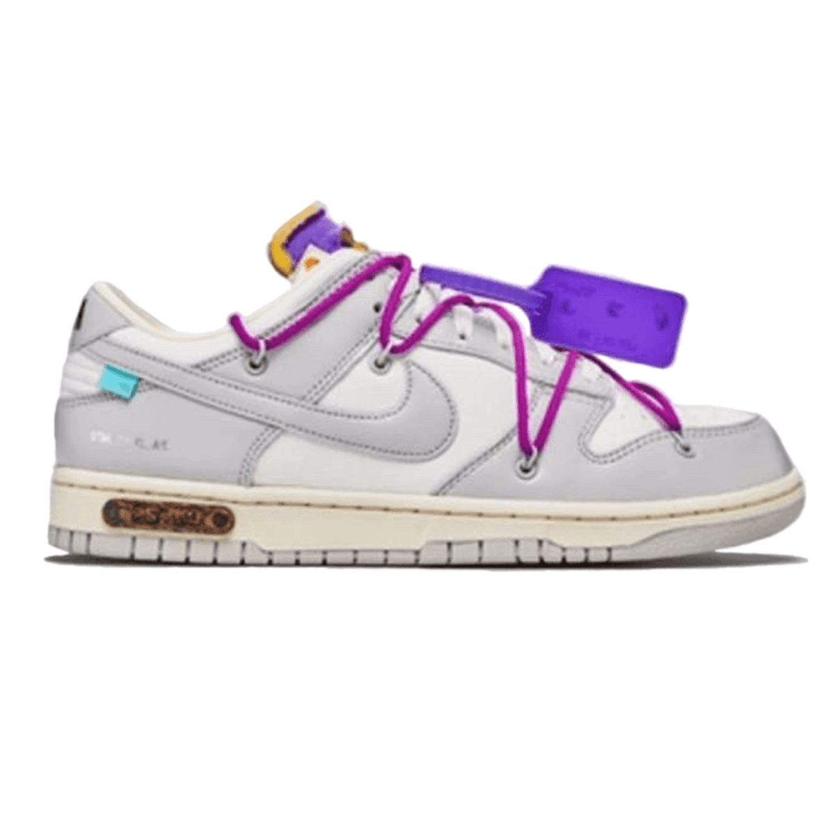 Nike Dunk Low Off-White Lot 28 showcasing neutral tones with vibrant laces, unique design elements by Virgil Abloh.