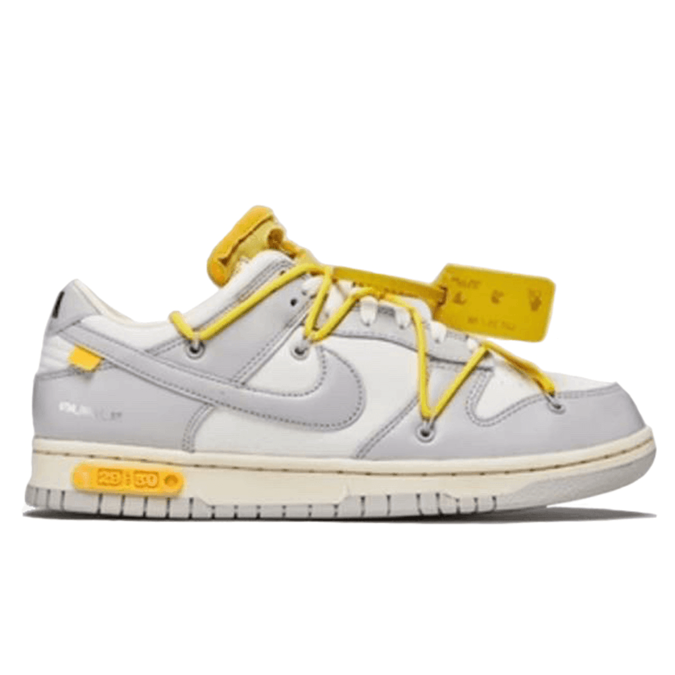Nike Dunk Low Off-White Lot 29 featuring gray and yellow design, unique stitching, and signature branding details.