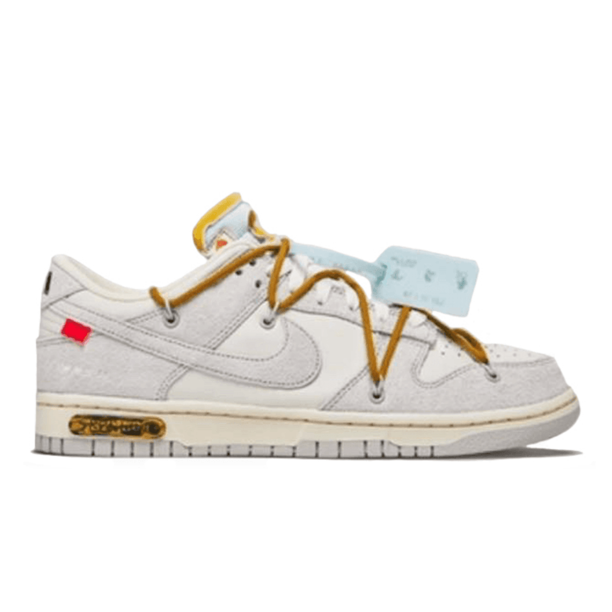 Nike Dunk Low Off-White Lot 37 sneaker featuring neutral tones, bold accents, and signature design elements by Virgil Abloh.