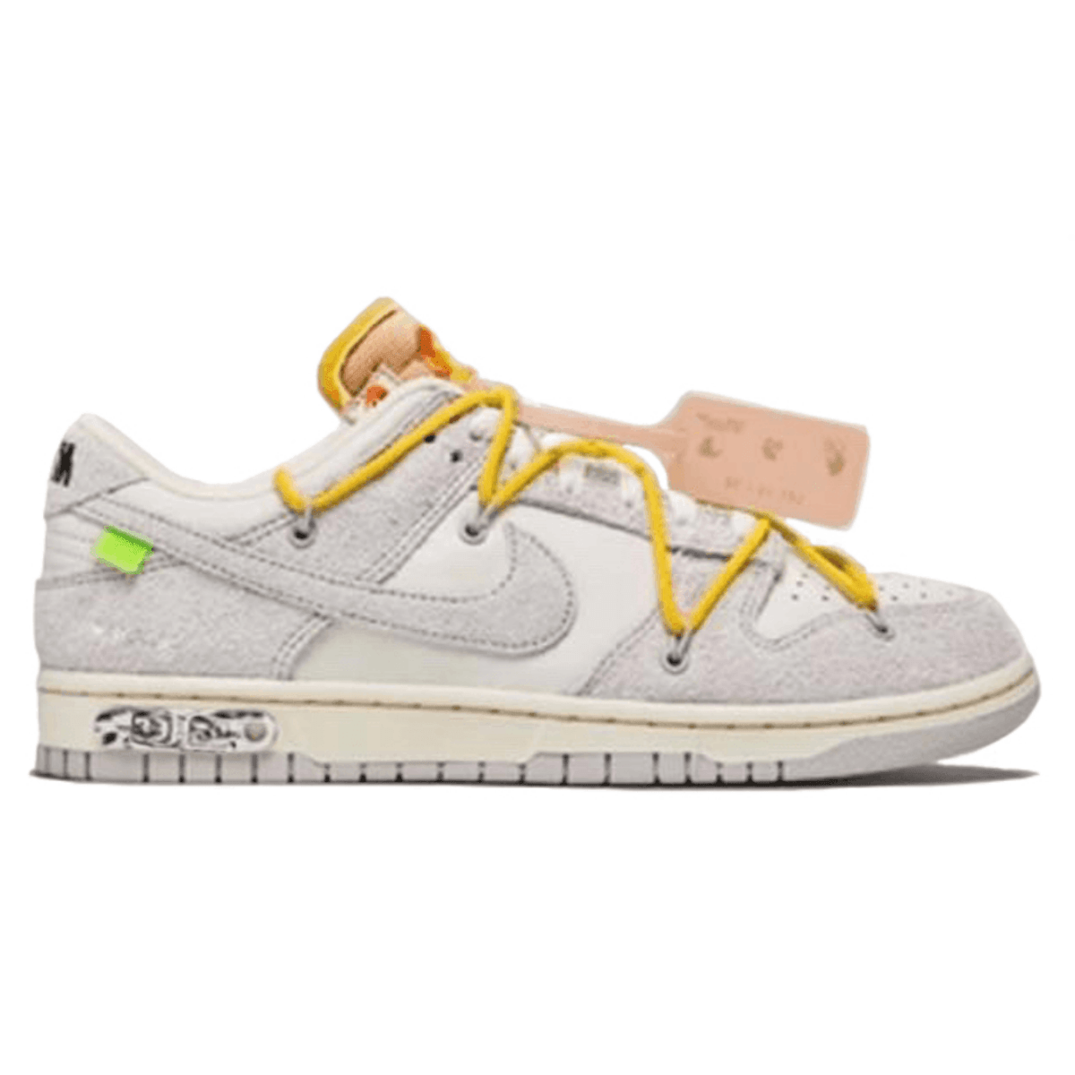 Nike Dunk Low Off-White Lot 39 featuring grey and white colorway with yellow laces and signature branding details.