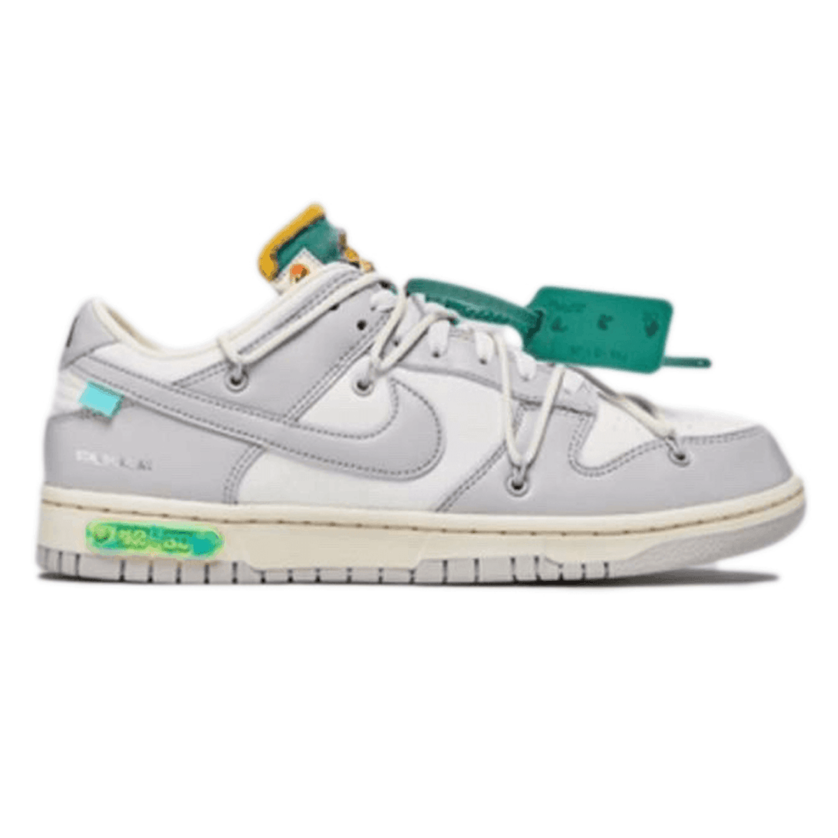 Nike Dunk Low Off-White Lot 42 sneaker in light gray with vibrant accents and signature design elements.