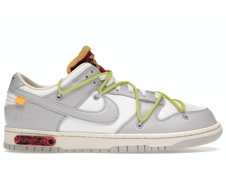 Nike Dunk Low Off-White Lot 8 in grey with vibrant accents and unique detailing, showcasing Virgil Abloh's design.