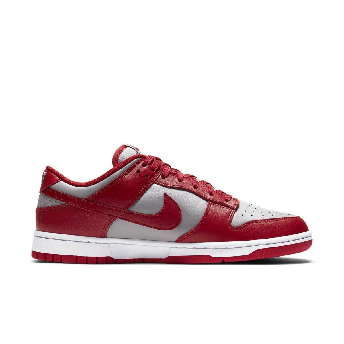 Nike Dunk Low Retro Medium Grey Varsity Red UNLV 2021 sneaker, featuring grey leather base and University Red accents.