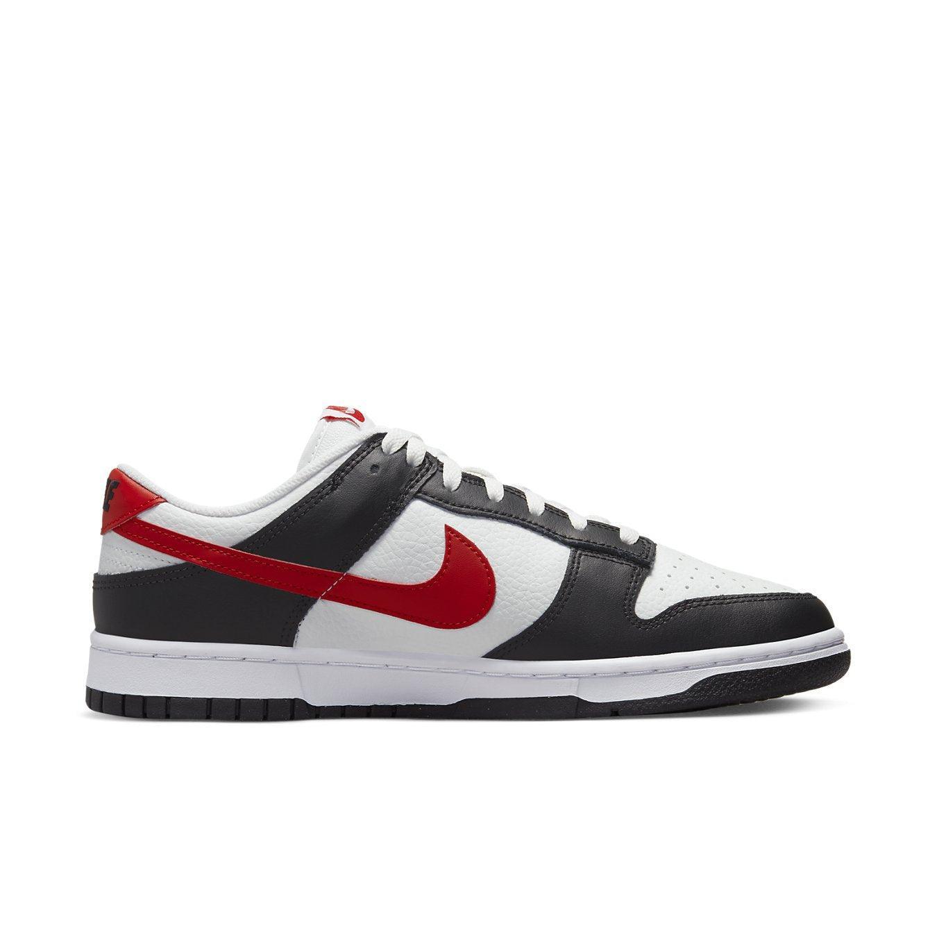 Nike Dunk Low Retro shoes in white, black, and red with iconic Swoosh design.