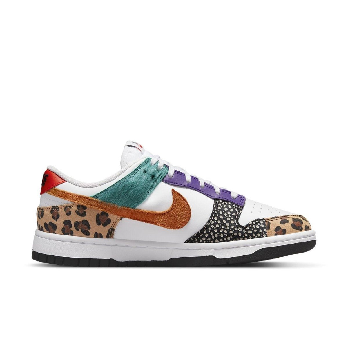 Nike Dunk Low Safari Mix (W) featuring a white leather base with leopard print and colorful accents.
