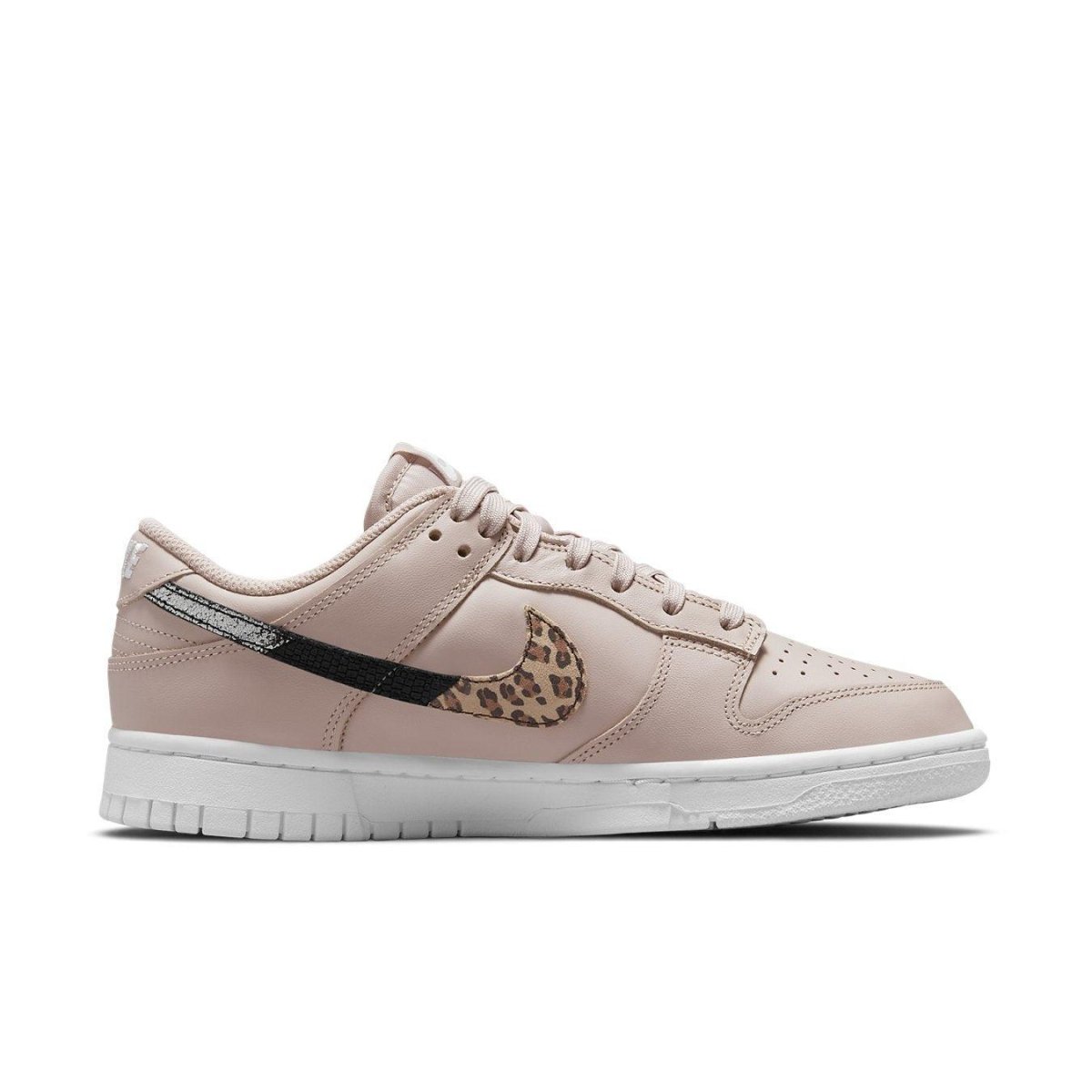 Nike Dunk Low SE Animal Instinct in Fossil Stone with leopard print swoosh and metallic accents.