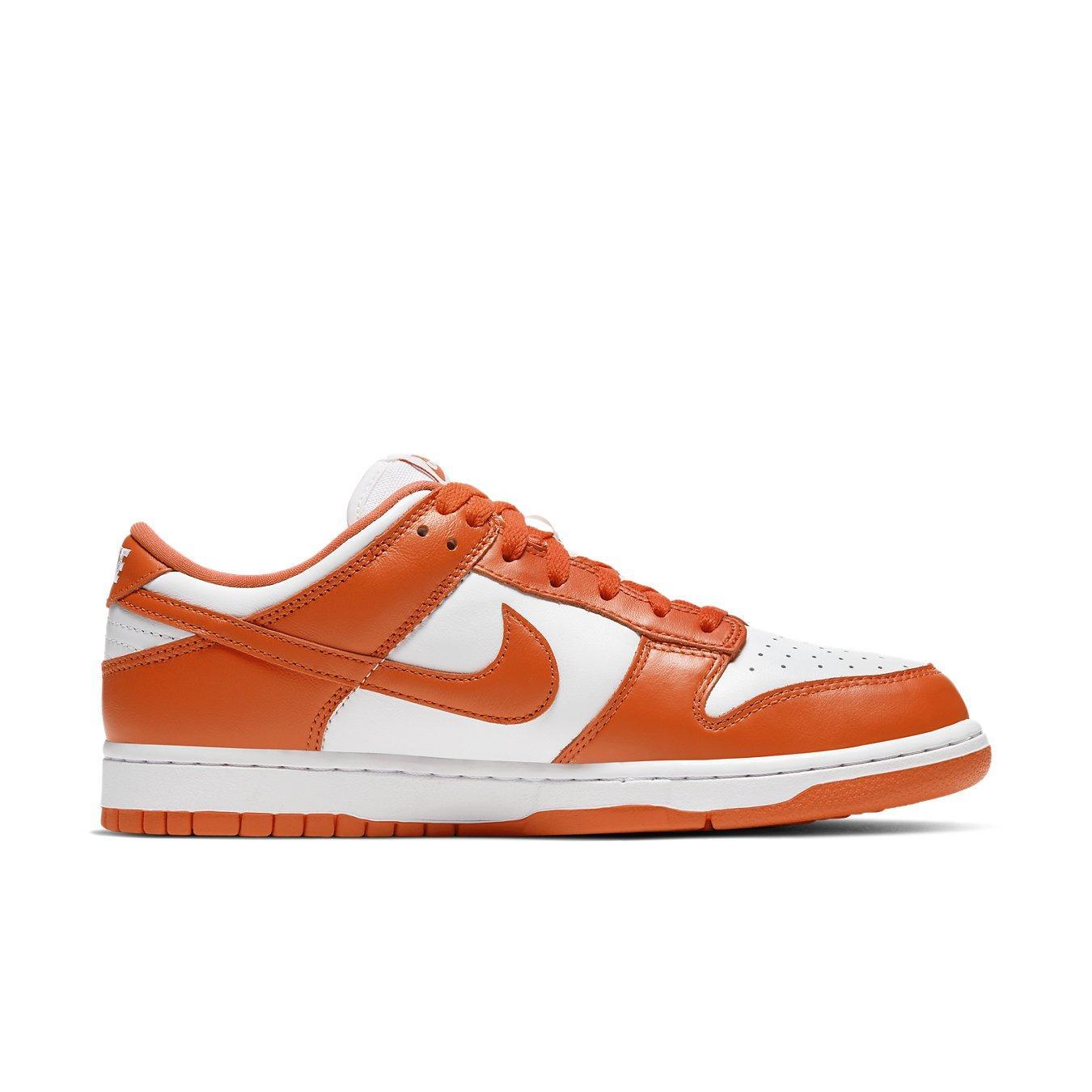 Nike Dunk Low SP Syracuse (2020) sneaker in orange and white leather, celebrating the 35th anniversary of the classic silhouette.