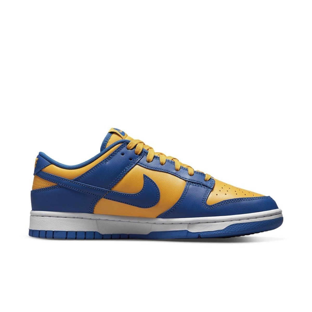 Nike Dunk Low UCLA in blue and yellow leather, featuring a bright colorway with Swoosh logo and stylish design.