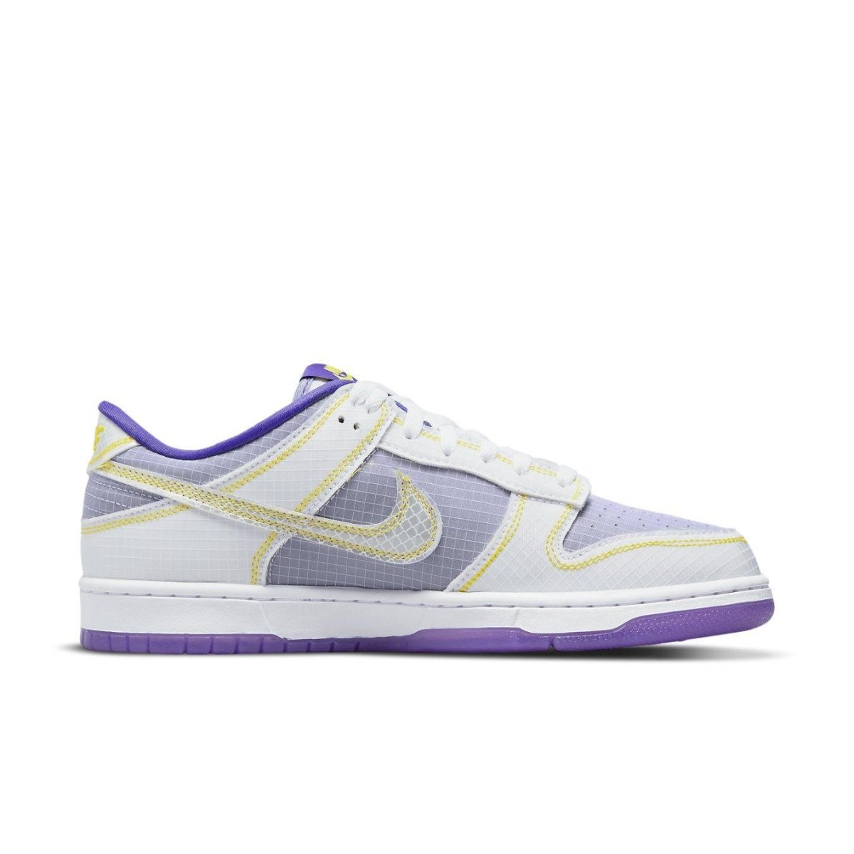 Nike Dunk Low Union Passport Pack Court Purple with purple and white colorway and mesh upper design.