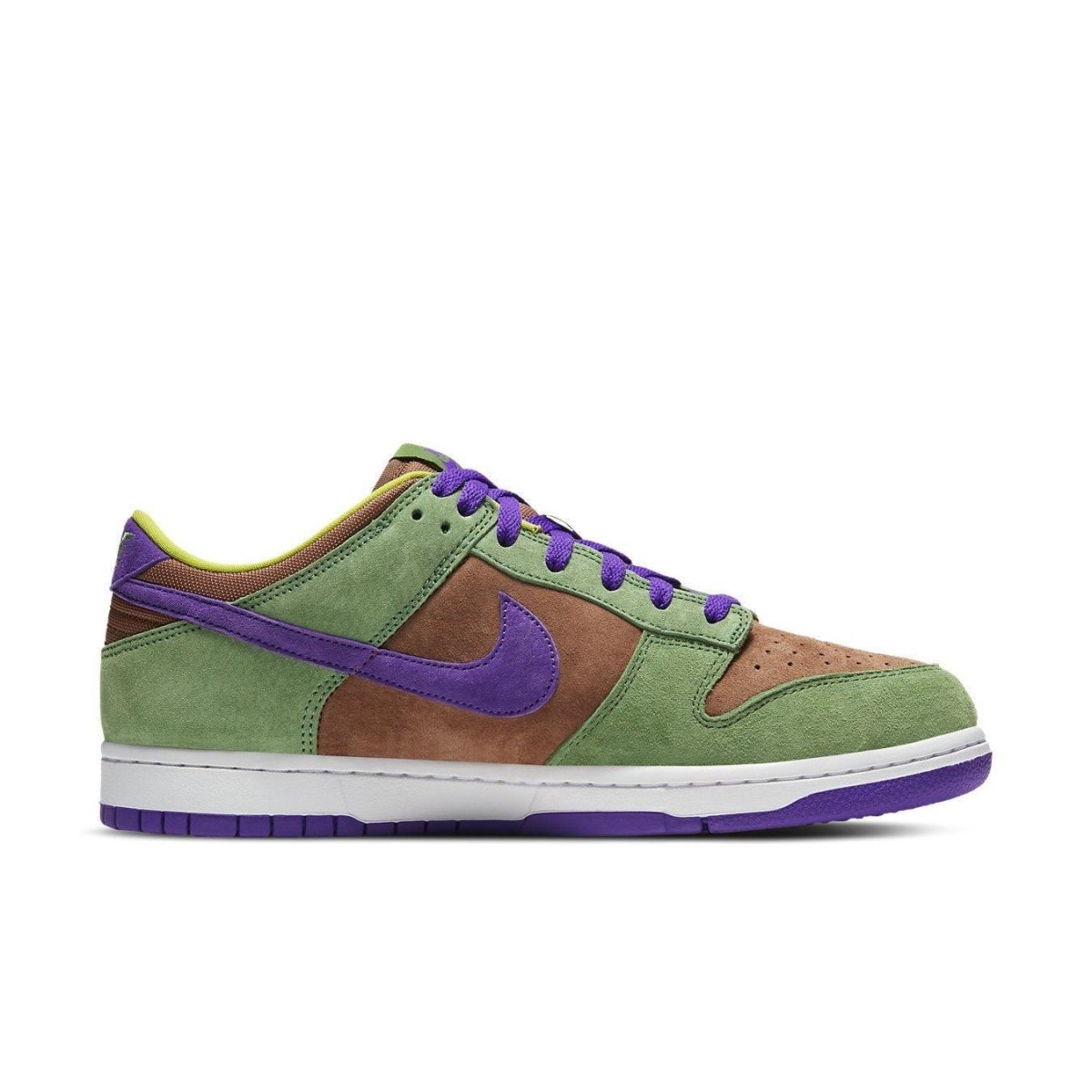 Nike Dunk Low Veneer 2020 sneaker in green, brown, and purple suede with a classic low-top design.