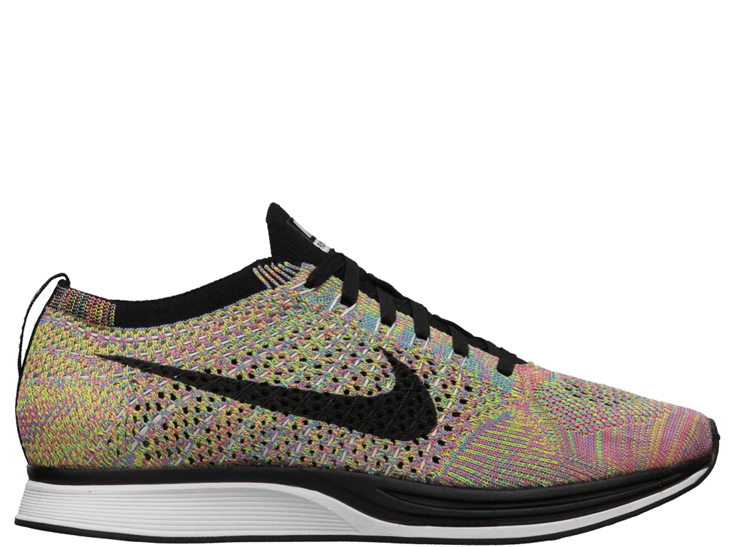 Nike Flyknit Racer Multi-Color running shoes featuring a breathable knit upper and lightweight design.