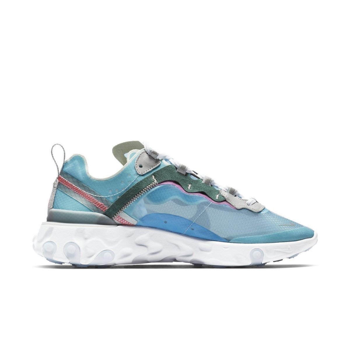 Nike React Element 87 in Royal Tint with transparent upper, blue tones, pink stitching, and green accents.