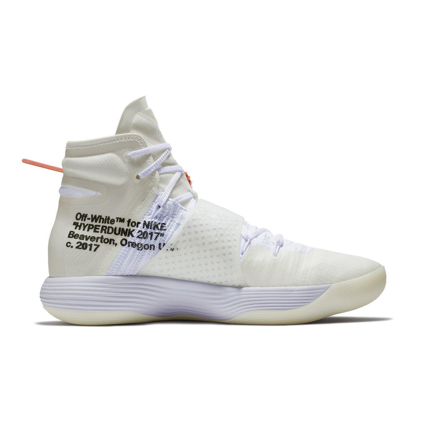 Nike React Hyperdunk 2017 Flyknit Off-White sneaker with breathable mesh and transparent design elements.