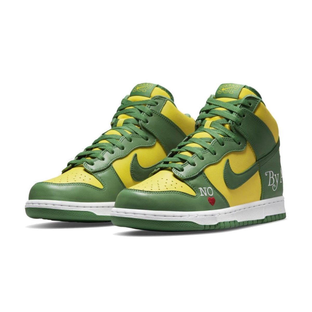 Nike SB Dunk High Supreme 'By Any Means' in yellow and green colorway, featuring 'No Love' stitched detail.