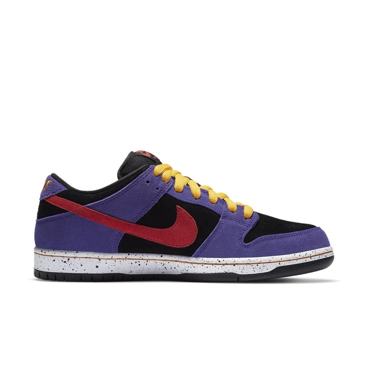 Nike SB Dunk Low ACG Terra sneakers in vibrant purple, black, and red with speckled white sole.