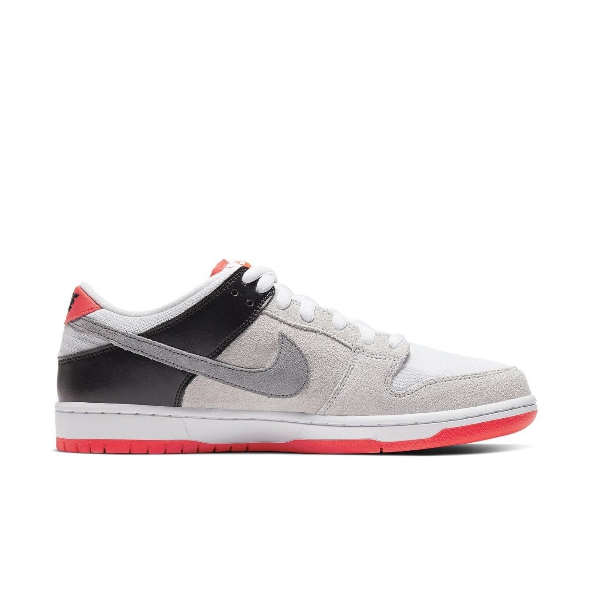 Nike SB Dunk Low Infrared with gray suede upper, black leather heel, and infrared accents on sole.
