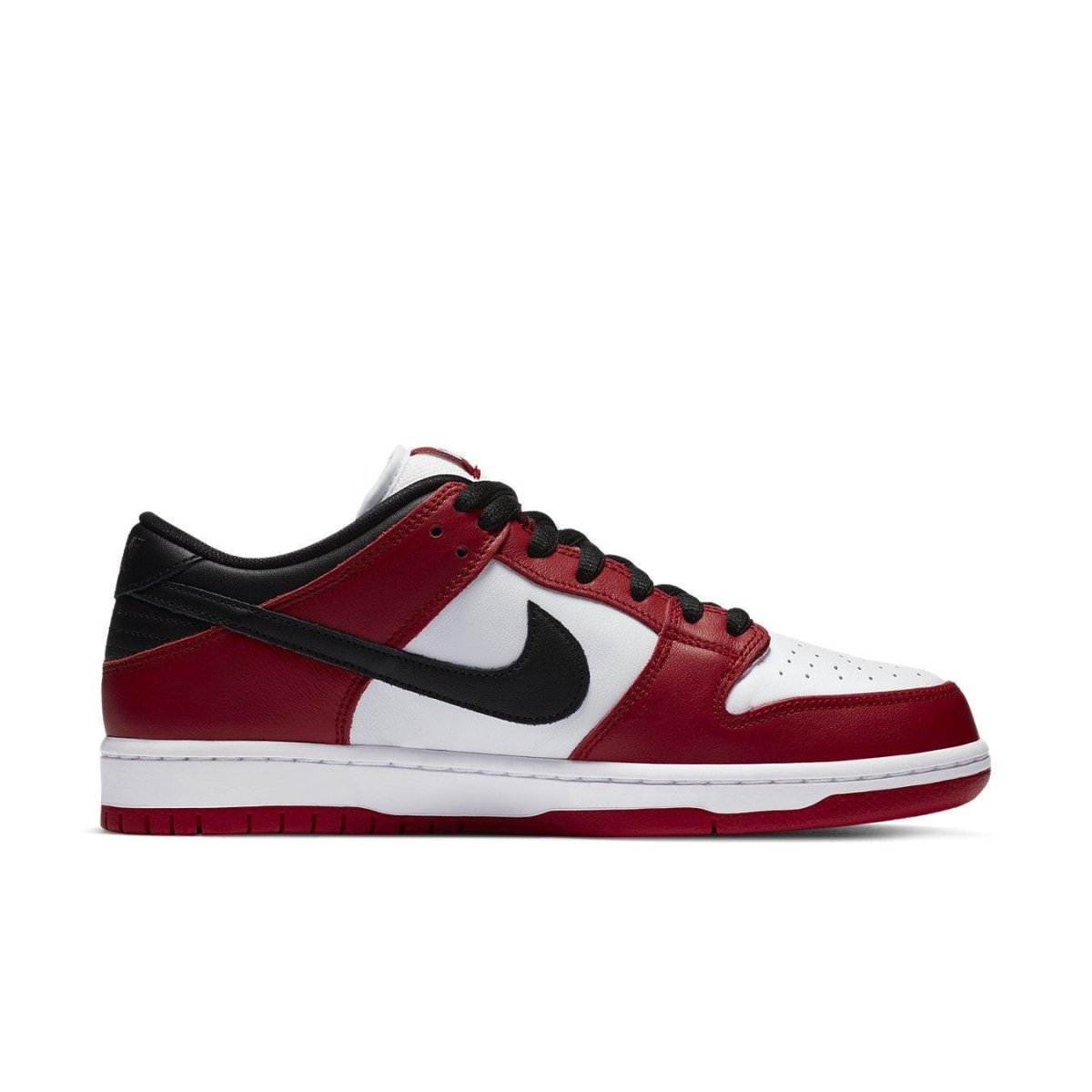 Nike SB Dunk Low J-Pack Chicago sneakers in red, white, and black, perfect for skateboarders and basketball players.
