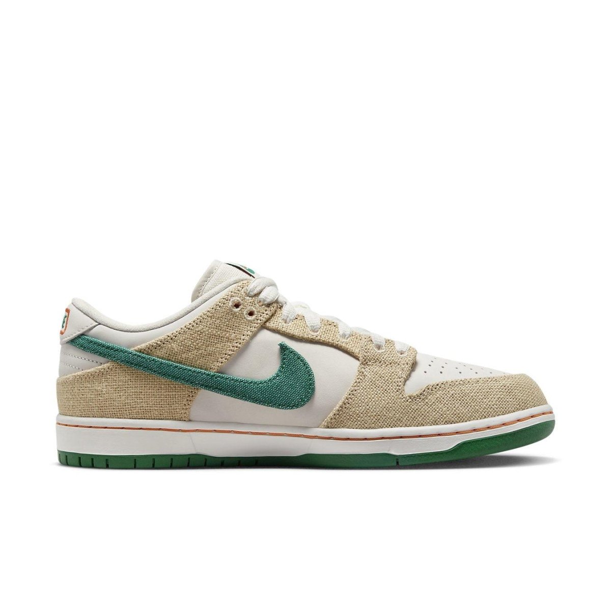 Nike SB Dunk Low Jarritos featuring a white leather base and green malachite Swoosh with hemp overlay.